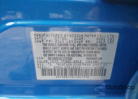 2020 Nissan Sentra Sv Xtronic Cvt z USA, uszkodzony, nr VIN 3N1AB8CV2LY267092